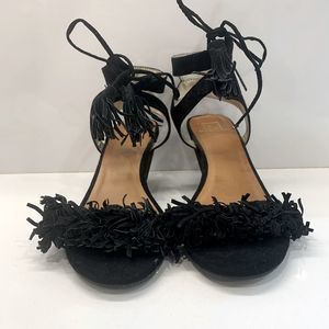 Material Girl Black Fringe Ankle-Tie Sandals